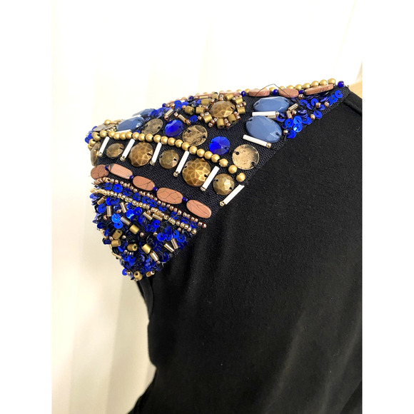 Cache Dress Sheath Cap Sleeve Surplice V neck Black Beaded Embellished Ruched M - Picture 4 of 6